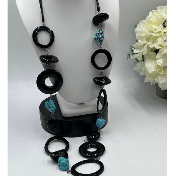 Chicos Turquoise Howlite Black Acrylic Chain Chunky Boho‎ Statement Necklace NWT - Picture 2 of 8